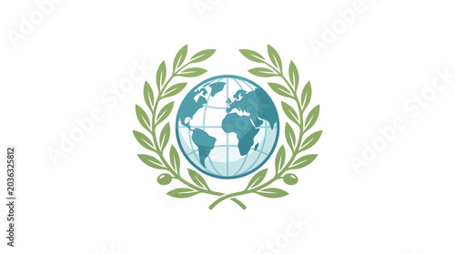 Schilderij op canvas A simple illustration of a blue globe surrounded by a wreath of green leaves on a white background