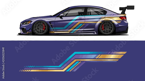 Foto Sleek blue race car with colorful stripes and a prominent spoiler shown in side profile on a vibrant track