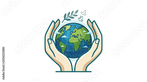 Illustration of hands cradling the Earth with leaves and a bird, symbolizing environmental care on a white background.