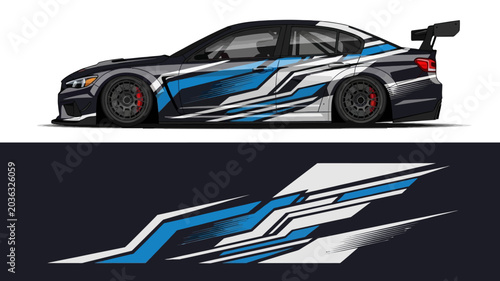 Sleek blue and white race car with dynamic livery in side and front views on track.