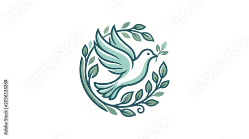 Fotografi Teal dove surrounded by olive branch leaves in a circular emblem on a white background