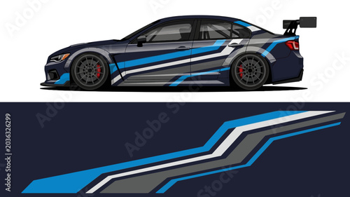 Side view of a blue race car with bold stripes across the body.