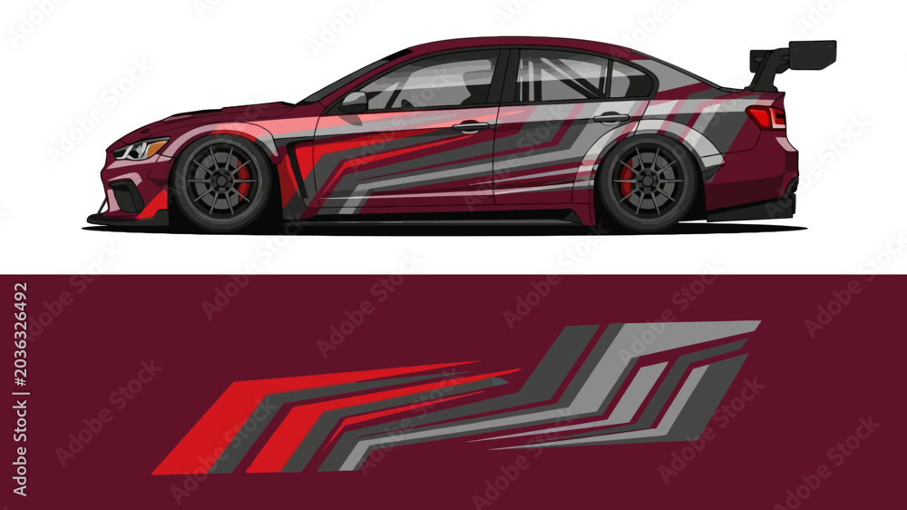 Fototapeta premium High-speed red race car with bold stripe graphics and aerodynamic design for performance and styling.