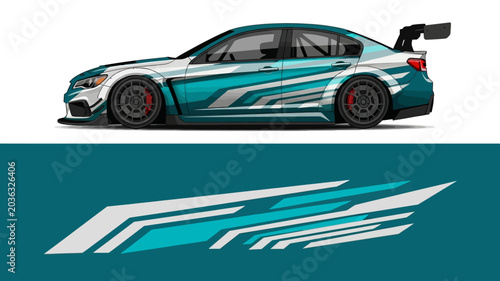 Side view of teal and blue racecar with aerodynamic livery and spoiler.
