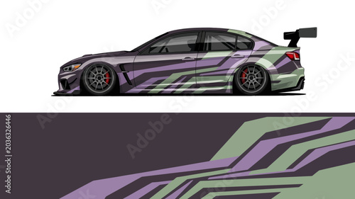 Bild auf Leinwand Side view of a purple and green racecar with bold graphic livery and aerodynamic design