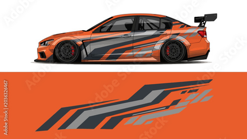 Orange race car with bold graphics and stripes in a dynamic side profile view, showcasing sporty design.