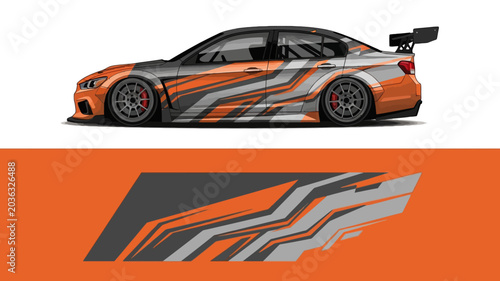 Orange racing car with stylized gray graphics on white background and bold branding emblem.