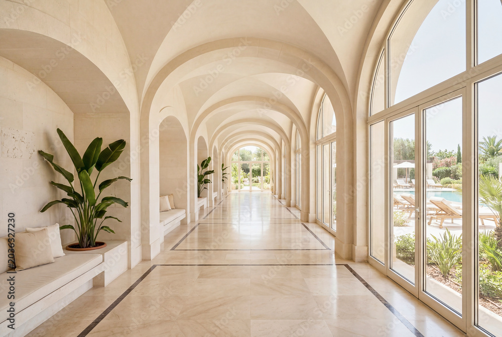 Fototapeta premium Grand Renaissance Style Resort Lounge With Vaulted Details and Refined Seating for Summer Travel
