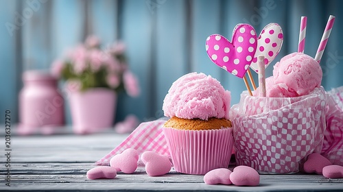 Eye level close-up of pink sorbet in goblet with heart stirrers (striped and polka dot), pink cupcake treats, scattered conversation hearts, white surface. 