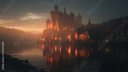 imaginative medieval river landscape at sunset, medieval sunset over a fantasy river valley, ancient riverside landscape in the medieval twilight