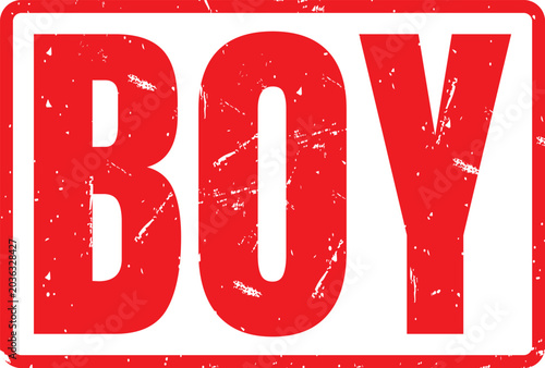 Red rubber stamp illustration with the word boy written in a bold distressed serif font