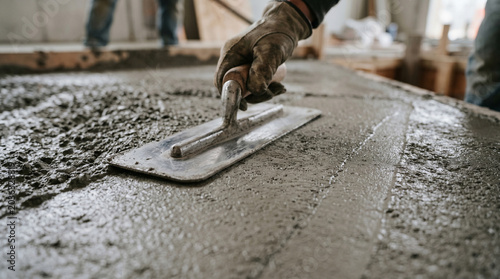 Extreme close-up of a concrete trowel smoothing and finishing a newly poured floor inside a building, construction worker leveling the surface, minimalist composition of professional industrial work