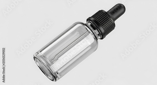 Empty transparent glass dropper bottle with a black rubber cap, isolated on a plain white background
