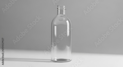 Empty transparent glass bottle with a narrow neck standing on a plain white surface, gray background