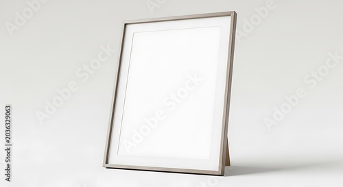 Empty vertical frame with light wood border and white matting standing on plain background mockup