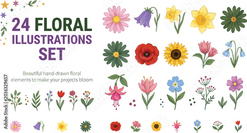 Foto Vector illustration set of 24 colorful hand‑drawn floral elements with blossoms,