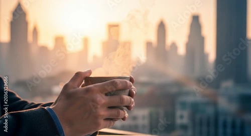 Hands holding a steaming coffee cup on a rooftop balcony with a golden city skyline background.