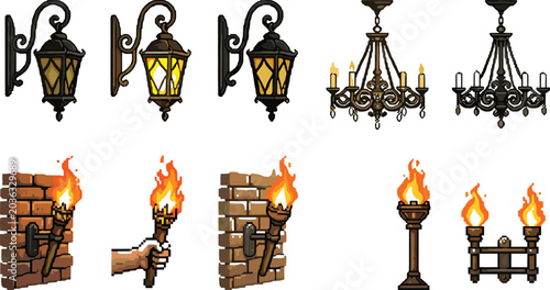 Vector illustration set of medieval lanterns, chandeliers, and torches with glowing fantasy light sources