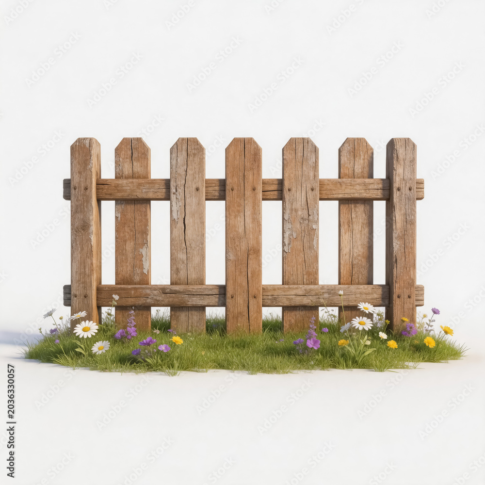 Fototapeta premium A 3D rendered weathered wooden picket fence set atop a patch of green grass dotted with wildflowers, isolated on a plain white background.