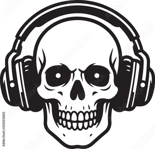 Skull with headphones vector illustration. Minimalist black and white skeleton icon. DJ skull music mascot. Gamer skull character. Modern flat line art sticker design. Audio lover symbol. Gothic music