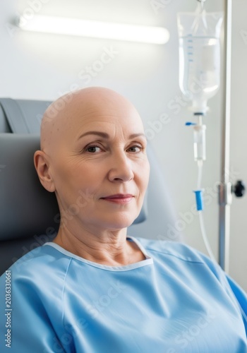 Bald woman patient undergoing chemotherapy treatment in hospital. Senior female sitting in medical chair with intravenous drip. Oncology clinic procedure, health recovery and challenge.