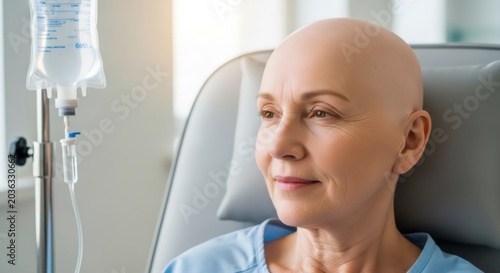 Caucasian woman with hair loss undergoing intravenous therapy in a hospital. Patient receiving chemotherapy treatment for cancer. Medical recovery process and healthcare concept.