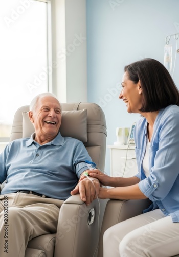 Woman nurse holding hand of elderly man smiling during medical treatment. Healthcare professional supporting senior patient in clinic. Compassionate care and recovery assistance concept.