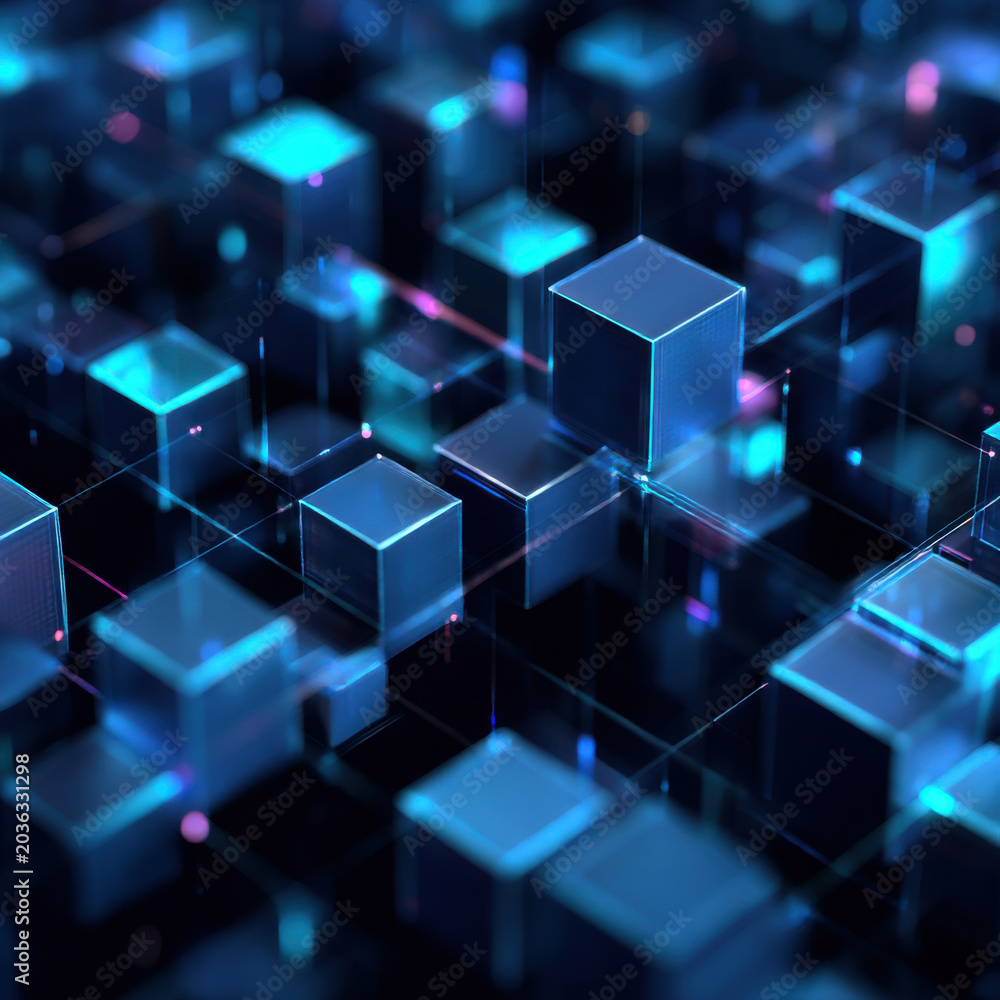 Obraz premium Abstract cube grid glowing blue cube dark digital background futuristic network 3d render neon light geometric pattern tech concept cyber space data structure