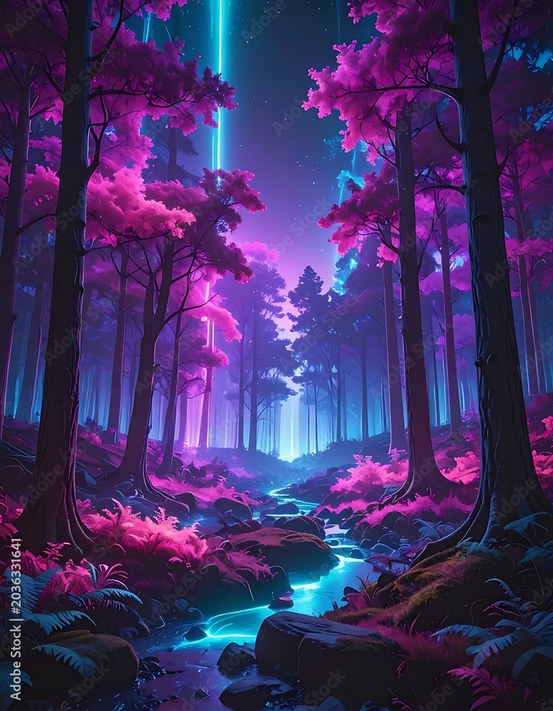 Fototapeta premium Vibrant neon forest with glowing stream.