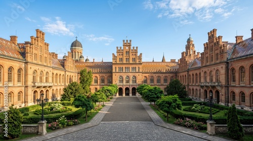 A magnificent university campus showcases intricate brickwork and lush gardens. Sunlight casts warm hues on the buildings, creating a serene and inviting atmosphere filled with history.