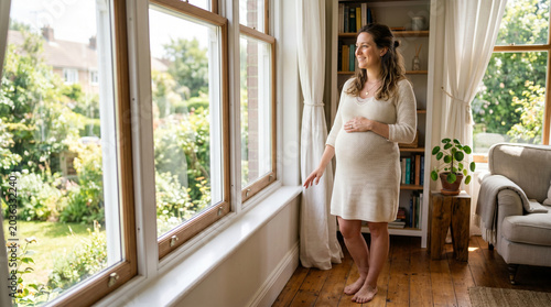 Happy pregnant woman in a cream knit dress standing by a large window in a bright living room, looking out at a sunny garden while cradling her belly, celebrating motherhood and new life.