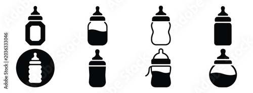 Baby Bottle icon set, silhouette and outline feeding bottle symbols for childcare, infant nutrition, newborn care products, parenting and nursery vector illustration.
