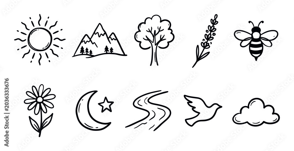 Fototapeta premium Various hand-drawn nature icons, including sun, mountains, tree, lavender, bee, flower, moon, river, bird, and cloud, on a clean white background