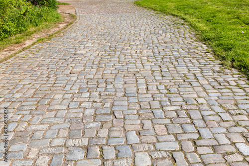 Fotografie Cobblestone road in a park with green grass on the sides