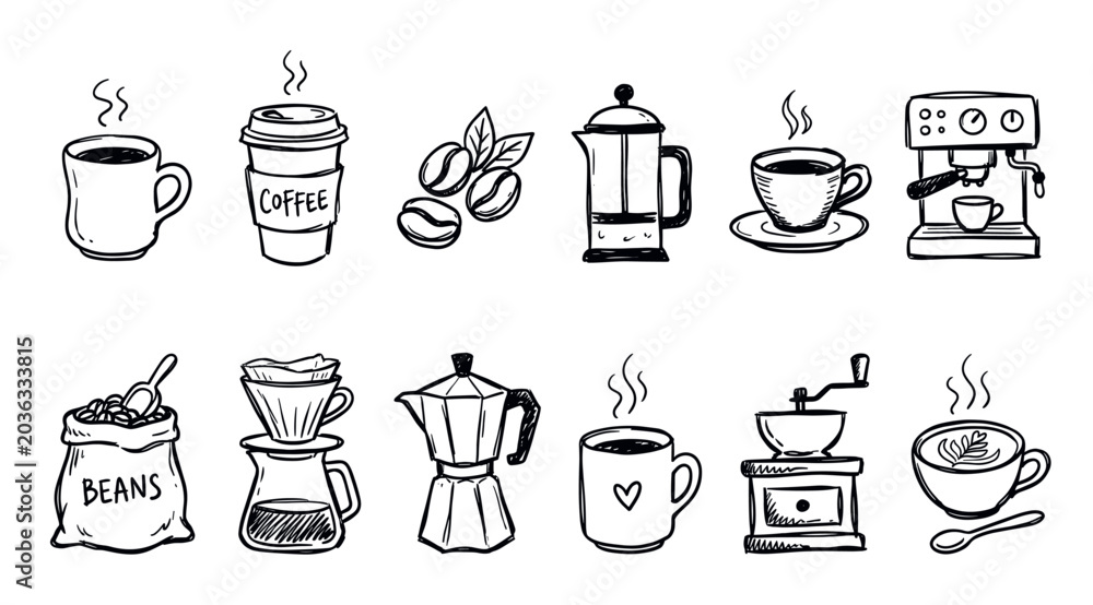 Fototapeta premium Collection of hand-drawn black and white coffee icons, including cups, beans, and brewing equipment, arranged neatly on a clean white background