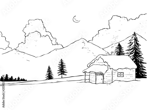 Snowy cottage in a winter forest landscape