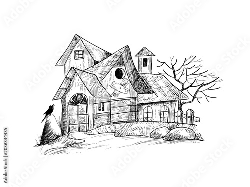 Black silhouette vector illustration of houses and a church in the woods on a hill with urban architecture sketch elements