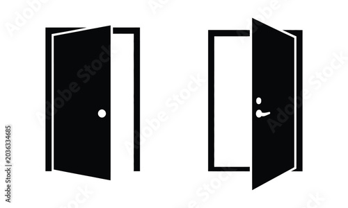 Fotografi Black Door open and closed door designs with two distinct handle styles, entrance access symbols, architectural vector illustration