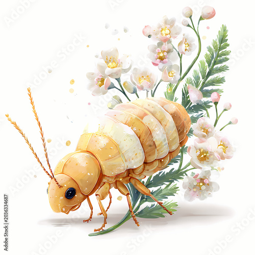 A cute Booklouse on Fern Flower Tiny insects sometimes found on fern spore flowers, all set against a white background with an aesthetic vibe and in high resolution with a hyper-realistic appearance.