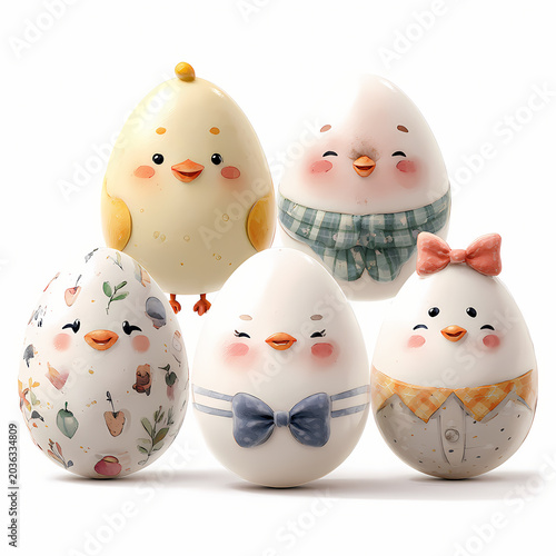 Cute easter egg family cartoon characters in sweet outfits and chick costumes watercolor vector art isolated on white background.