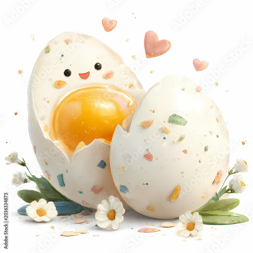 Cute soft boiled egg cartoon character with smiling face runny yolk and daisy flowers watercolor vector illustration isolated on white background.