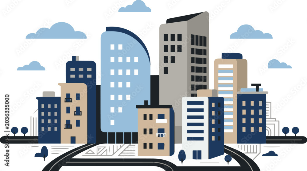 Fototapeta premium Cute Modern Cityscape Geometric Flat Vector Illustration