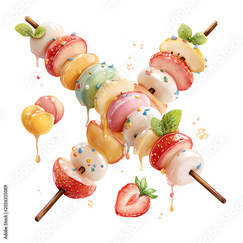 Sweet fruit tanghulu and mochi skewers with melting sugar glaze watercolor  art, isolated on white background, watercolor illustration.
