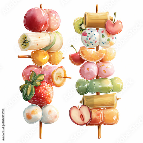 Cute fruit skewers and colorful mochi dango on bamboo sticks watercolor illustration isolated on white background