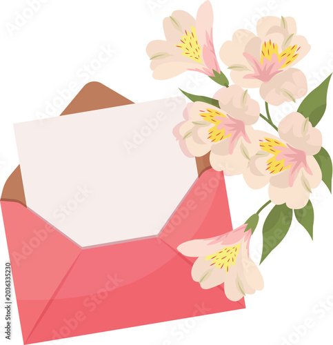 Slika na platnu Elegant pink envelope with floral letter in soft flat vector style