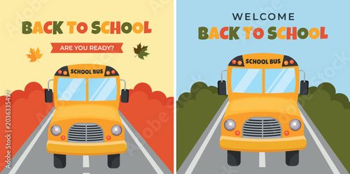 Obraz na płótnie Set of square vector Back to School banners with a school bus on the road for websites, social media and classroom decoration