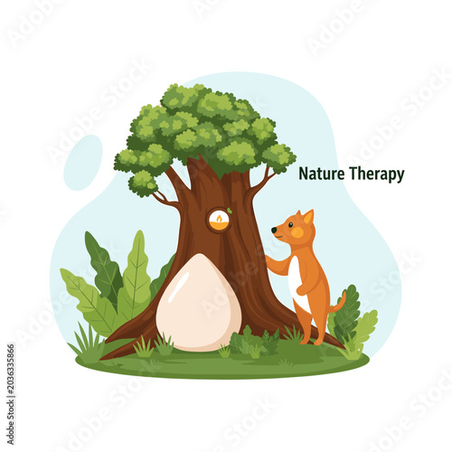 Cuadro en lienzo Cartoon illustration of a dingo next to a giant egg and a tree with a bird, representing nature therapy and outdoor well-being