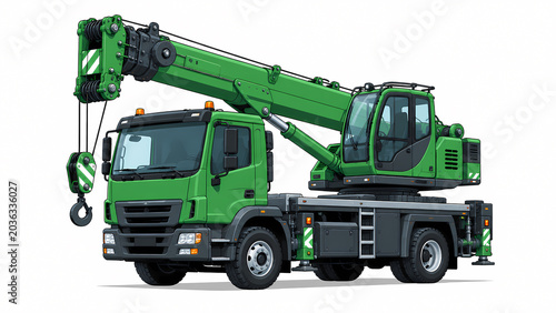 Green Mobile Crane Heavy Construction Vehicle Isolated on White Background