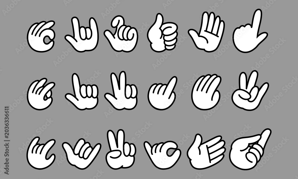 Fototapeta premium Set of hand gesture doodles displaying human finger signs compilation icon grid for alternative youth culture streetwear clothing brand apparel merchandise layout clip art.
