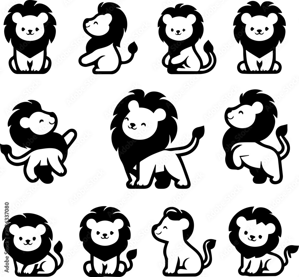 Fototapeta premium Adorable Baby Lion Silhouette Vector Isolated on White Background